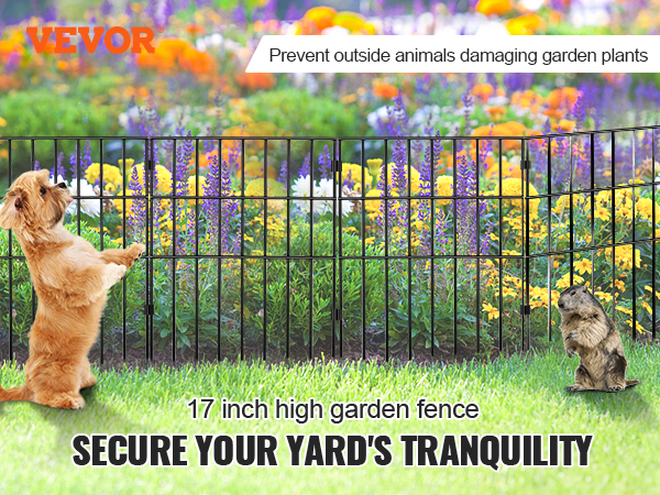 VEVOR animal barrier fence in a garden with flowers, a dog, and a squirrel for yard protection.