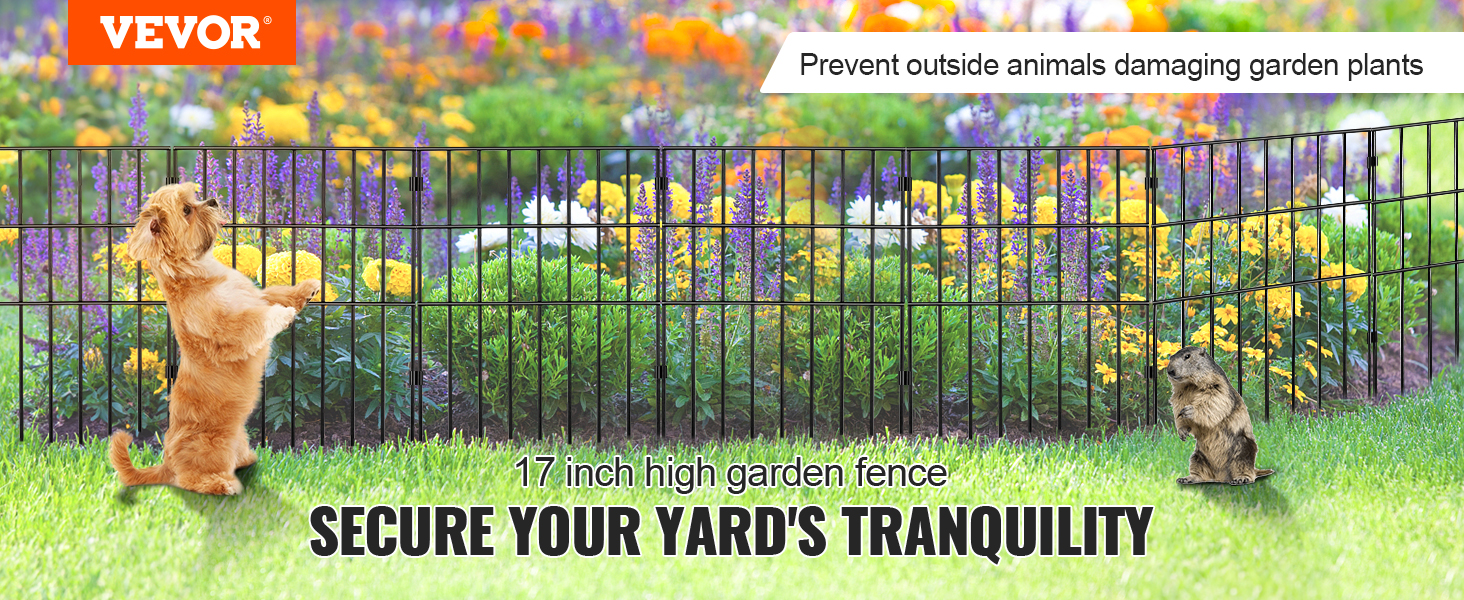 VEVOR animal barrier fence in a garden with flowers, a dog, and a squirrel for yard protection.