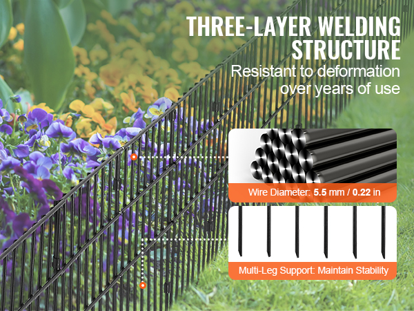 VEVOR animal barrier fence with flowers, highlighting a three-layer welding structure and stability support.