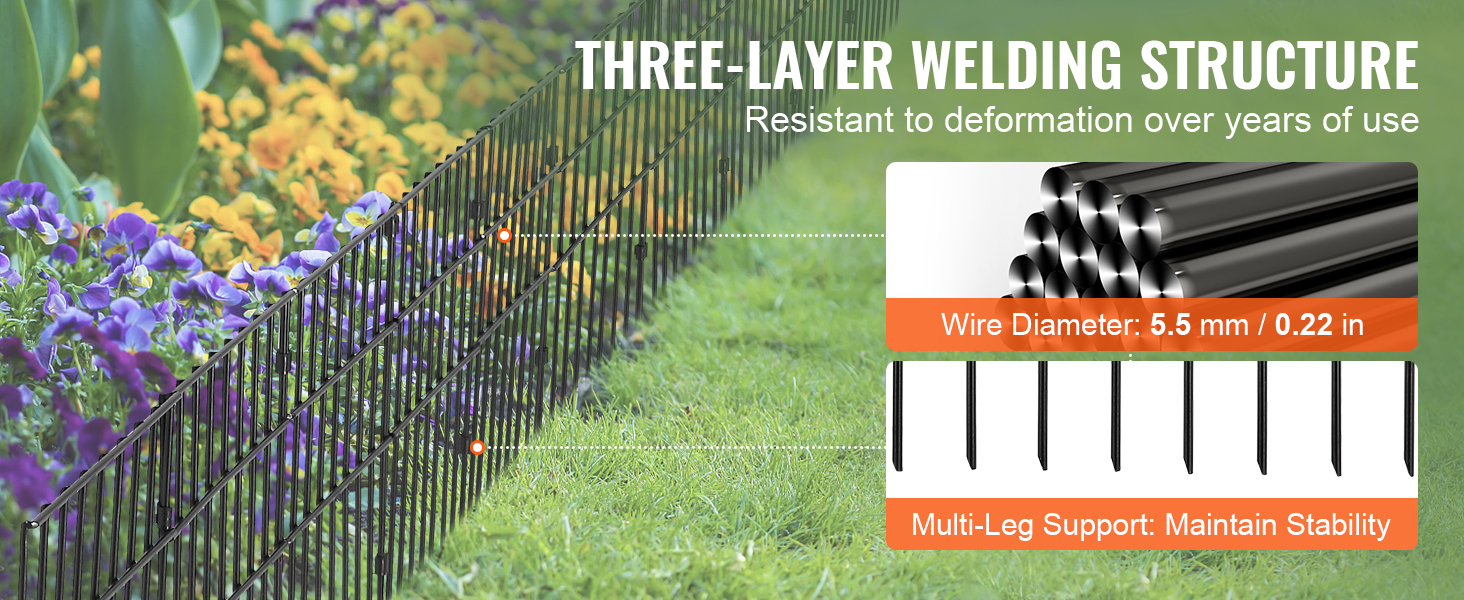 VEVOR animal barrier fence with flowers, highlighting a three-layer welding structure and stability support.