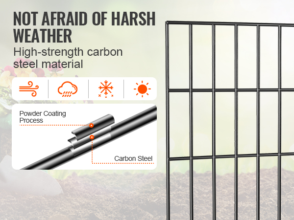 VEVOR animal barrier fence made of high-strength carbon steel, resistant to wind, rain, snow, and sun.