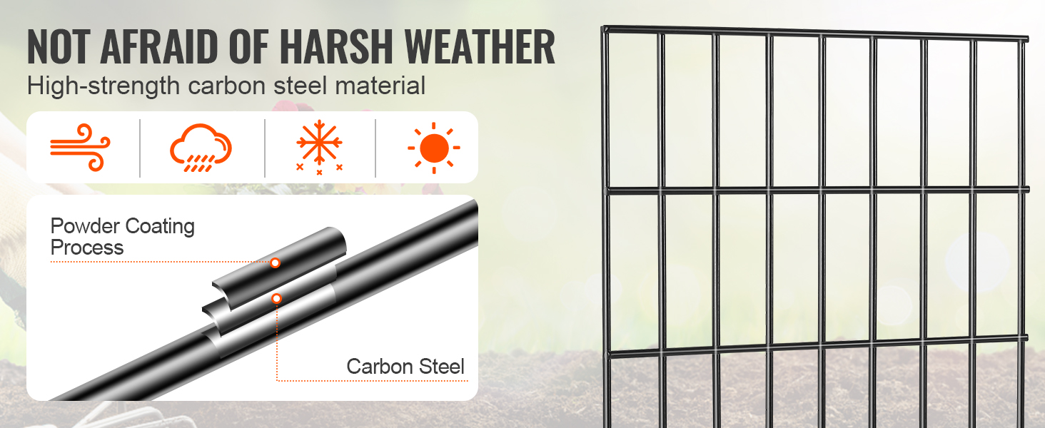 VEVOR animal barrier fence made of high-strength carbon steel, resistant to wind, rain, snow, and sun.