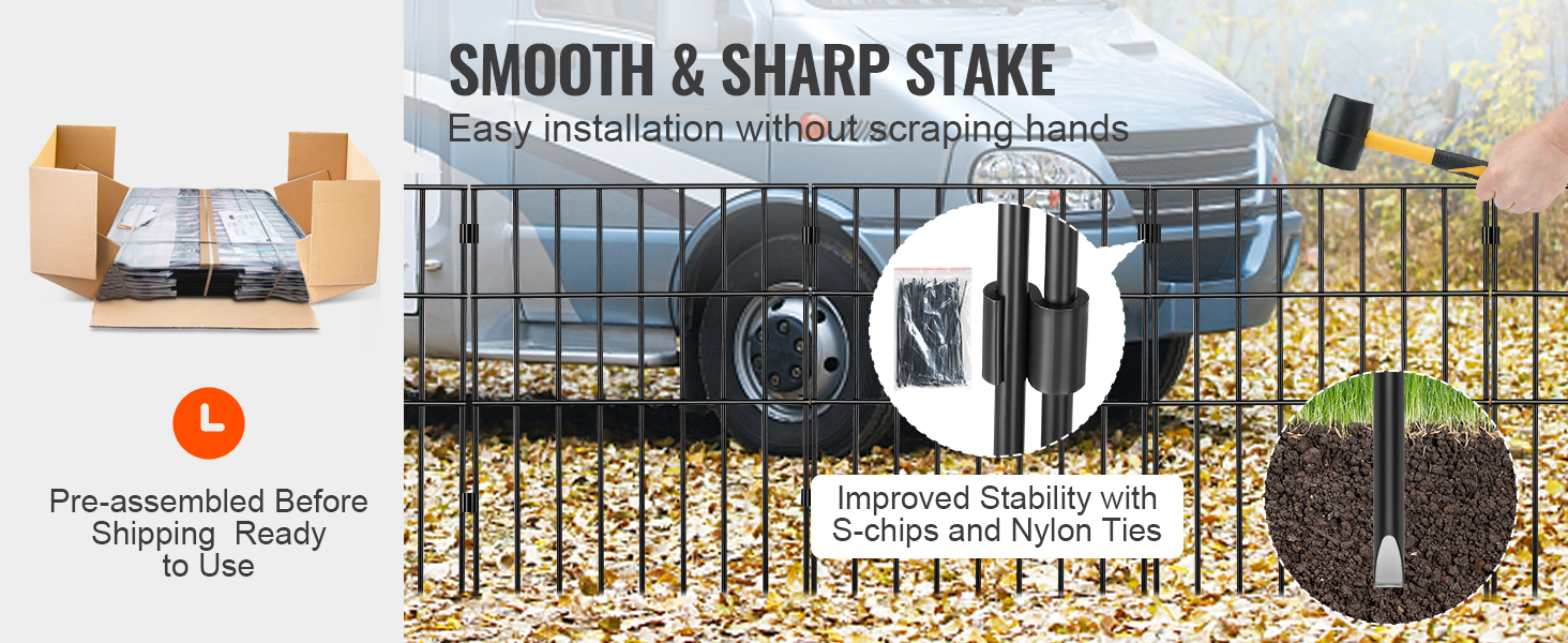 pre-assembled VEVOR animal barrier fence with smooth stakes, s-chips, and nylon ties for easy installation.