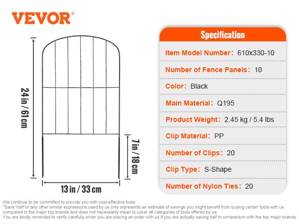 VEVOR garden fence with 10 black panels, 20 clips, and 20 nylon ties, model 610x330-10.