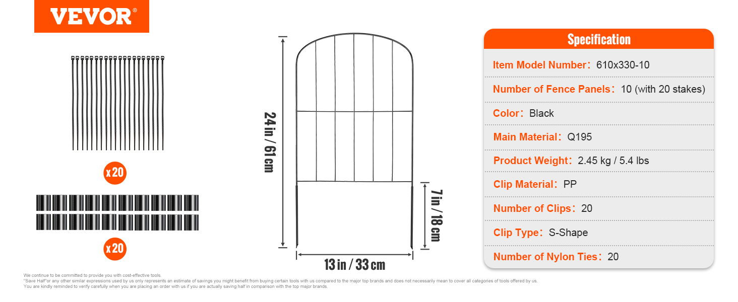 VEVOR garden fence with 10 black panels, 20 clips, and 20 nylon ties, model 610x330-10.