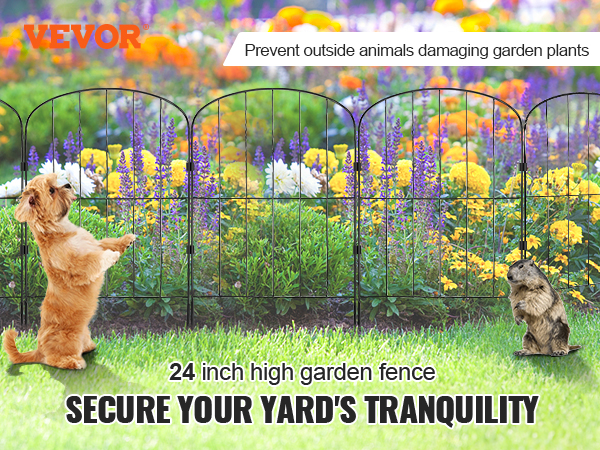 VEVOR garden fence protecting colorful garden from dog and marmot. "secure your yard's tranquility."