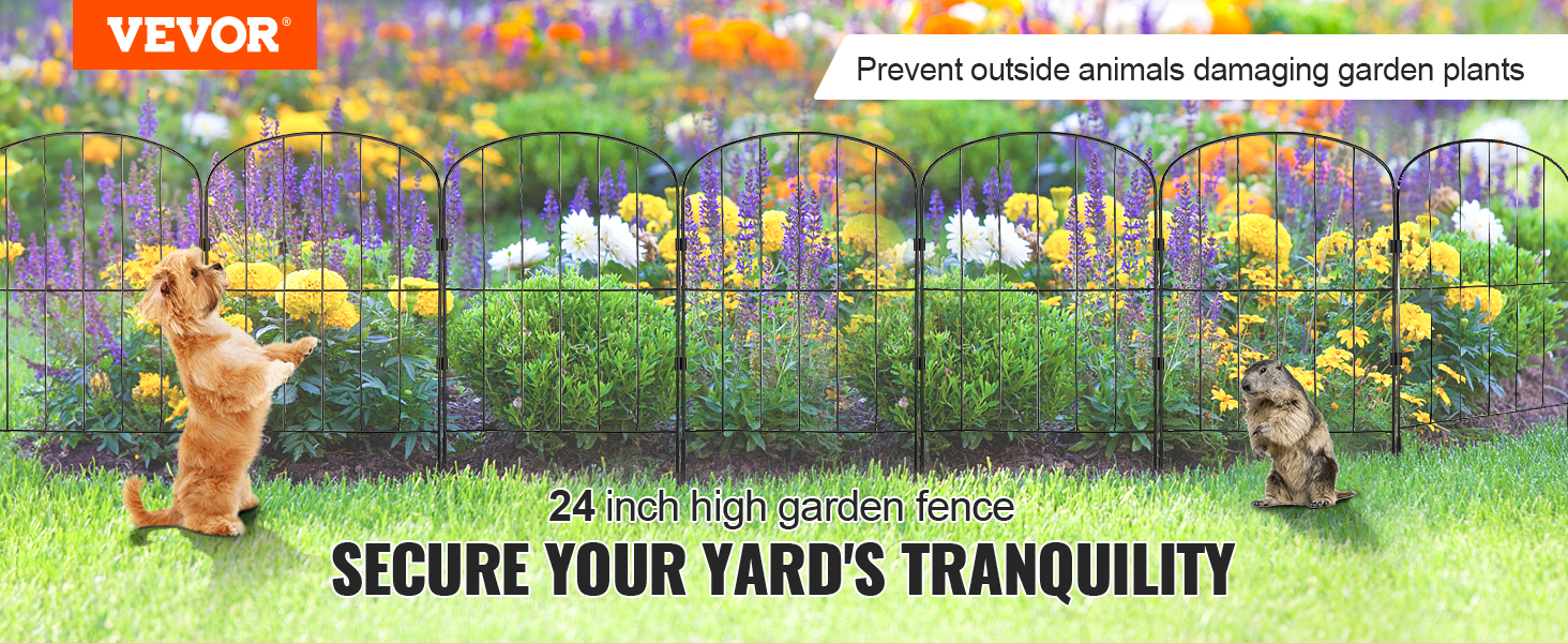 VEVOR garden fence protecting colorful garden from dog and marmot. "secure your yard's tranquility."