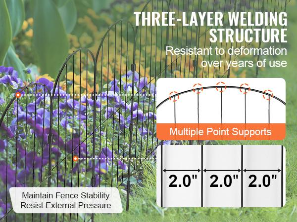 VEVOR garden fence with flowers features three-layer welding, 2.0-inch measurements, and multiple point supports.
