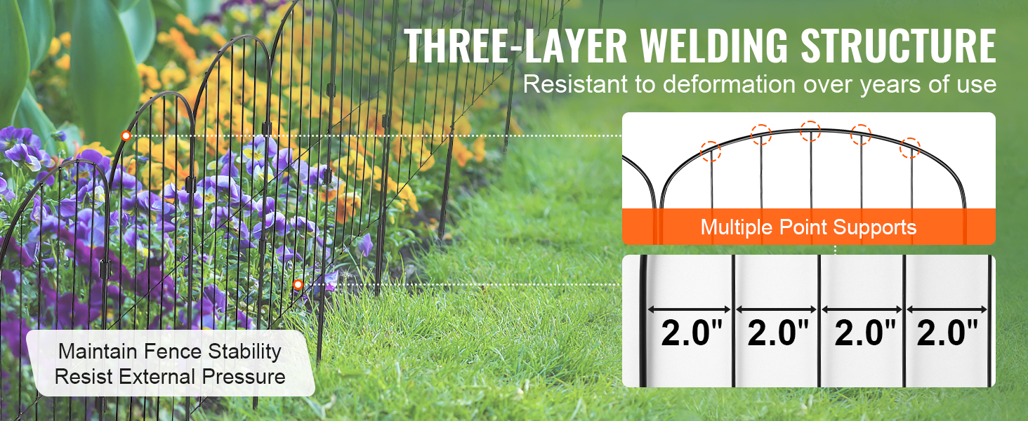 VEVOR garden fence with flowers features three-layer welding, 2.0-inch measurements, and multiple point supports.