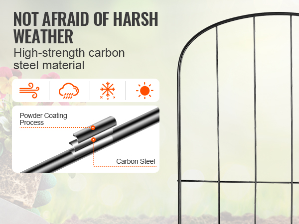 VEVOR garden fence made of high-strength carbon steel, weather-resistant with powder coating process.