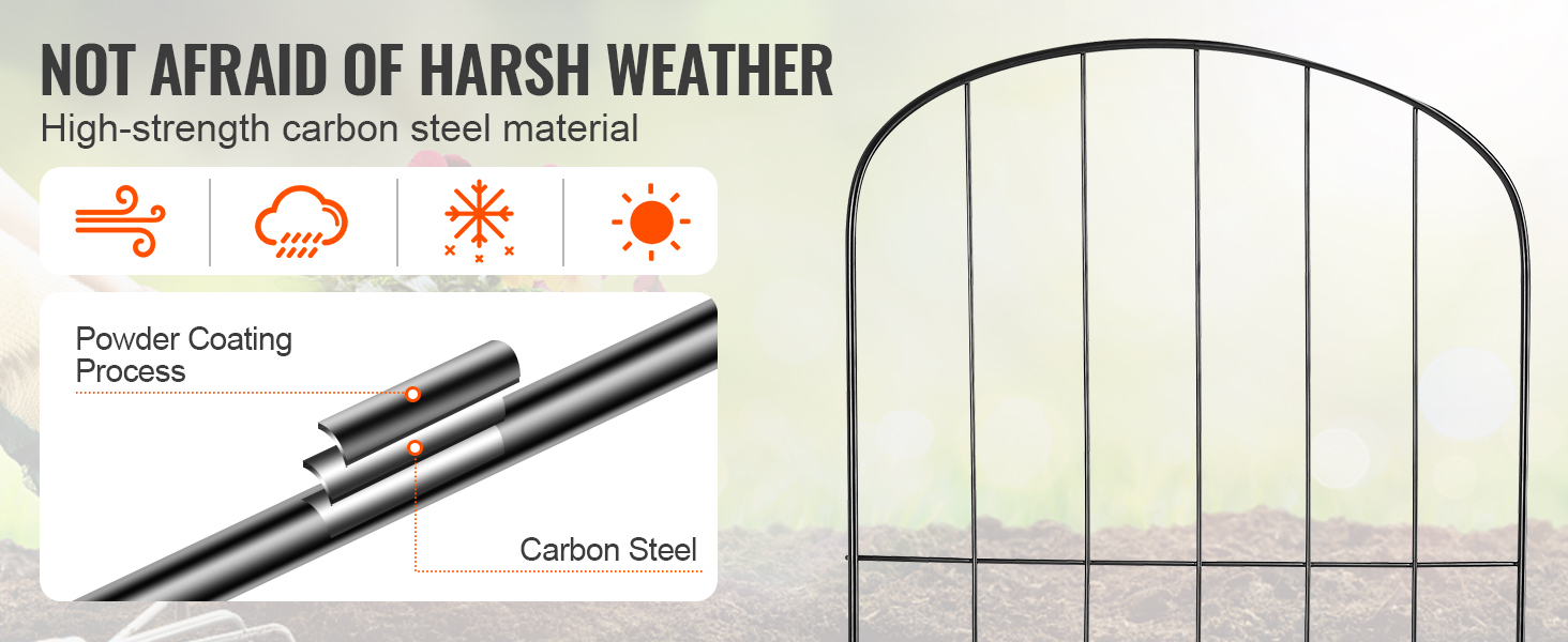 VEVOR garden fence made of high-strength carbon steel, weather-resistant with powder coating process.