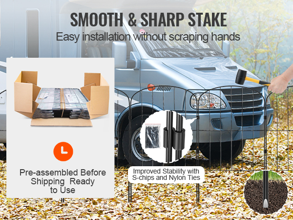VEVOR garden fence: smooth, sharp stakes for easy installation, pre-assembled shipping, stable with s-chips.