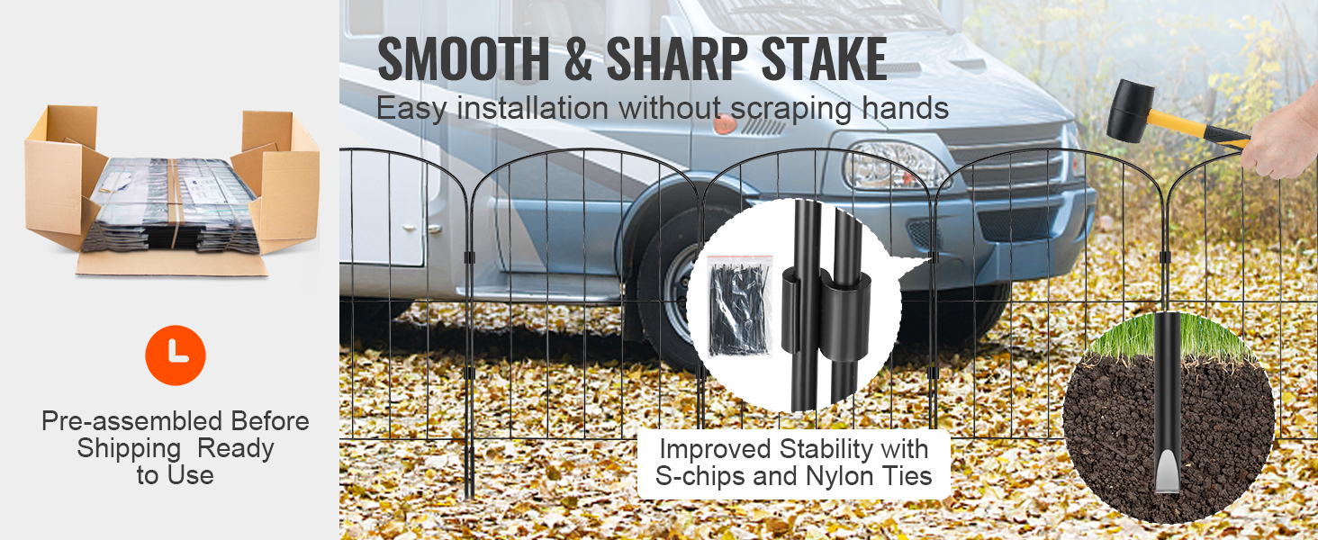 VEVOR garden fence: smooth, sharp stakes for easy installation, pre-assembled shipping, stable with s-chips.