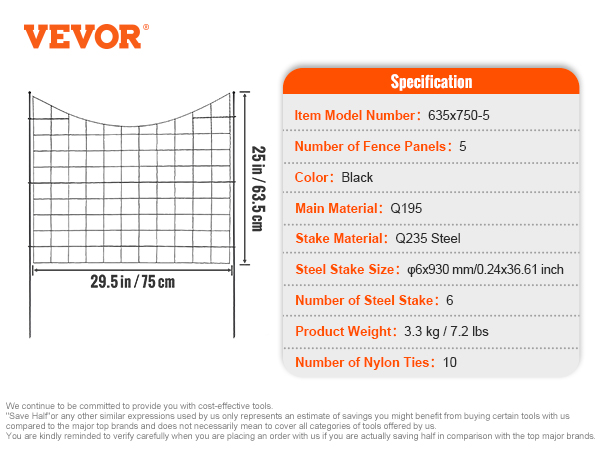 VEVOR garden fence dimensions and specifications featuring black fence panels, steel stakes, and nylon ties.
