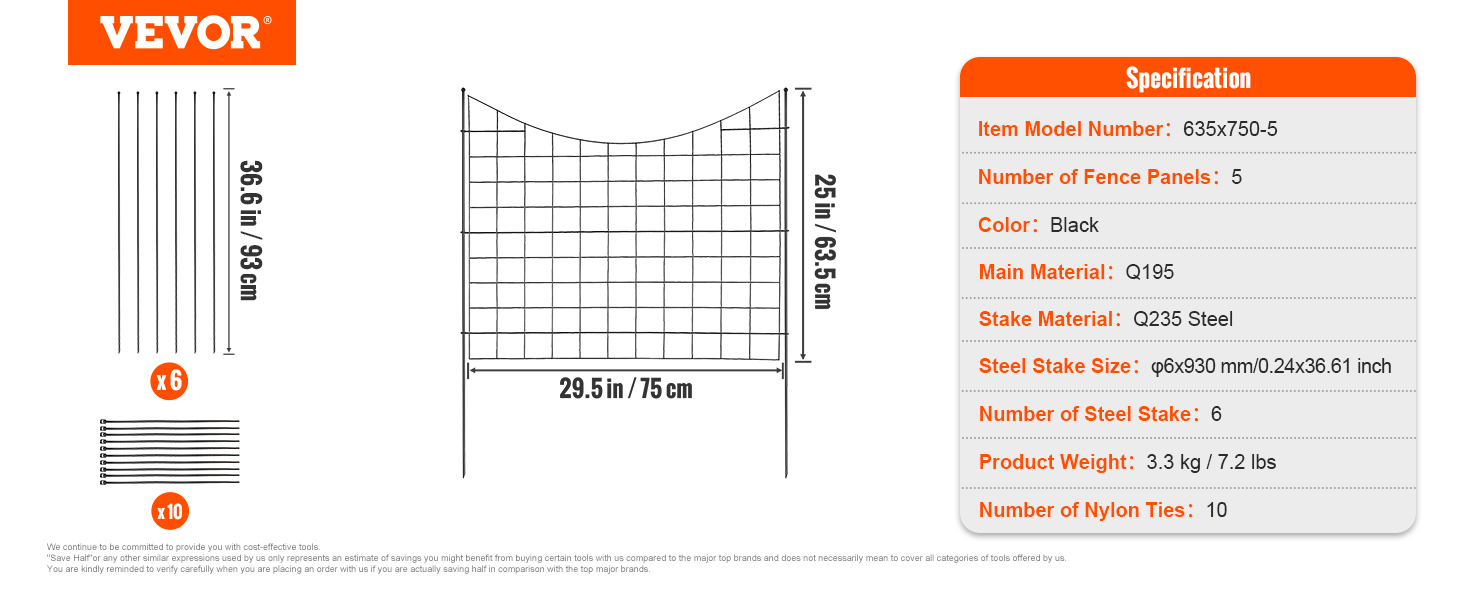 VEVOR garden fence dimensions and specifications featuring black fence panels, steel stakes, and nylon ties.