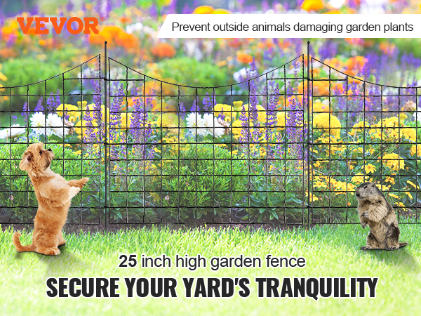 VEVOR garden fence with 25-inch height protecting colorful flowers, with dog and groundhog nearby.