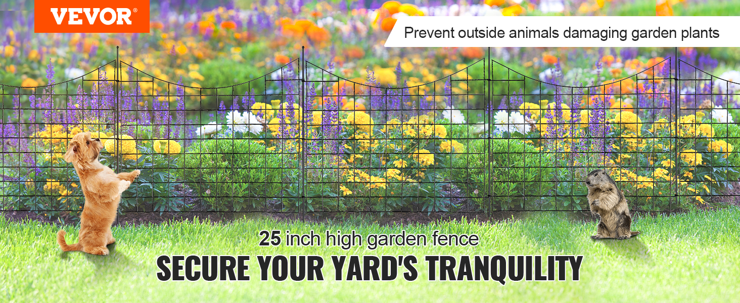 VEVOR garden fence with 25-inch height protecting colorful flowers, with dog and groundhog nearby.