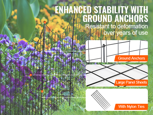 VEVOR garden fence with ground anchors, large panel sheets, and nylon ties enhancing stability.