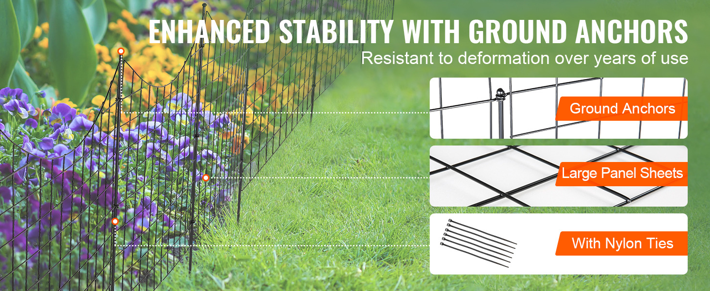 VEVOR garden fence with ground anchors, large panel sheets, and nylon ties enhancing stability.