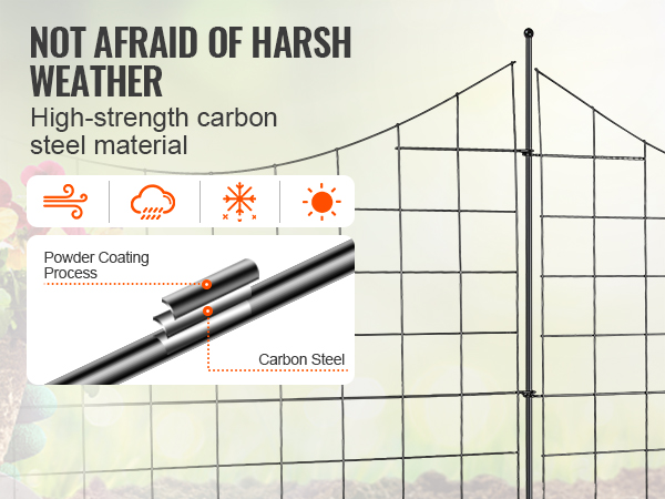 VEVOR garden fence made of high-strength carbon steel, resistant to weather conditions.