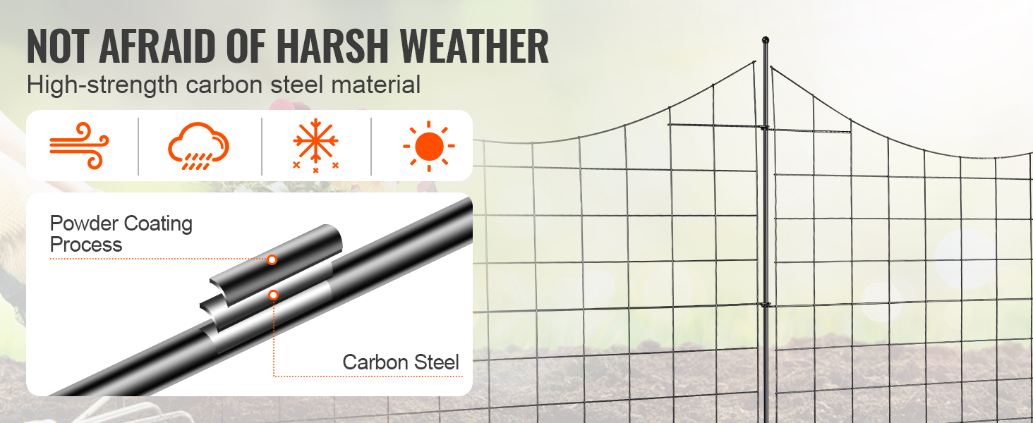VEVOR garden fence made of high-strength carbon steel, resistant to weather conditions.