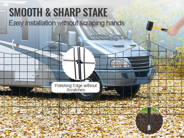 VEVOR garden fence with smooth and sharp stakes for easy installation, shown near an rv.