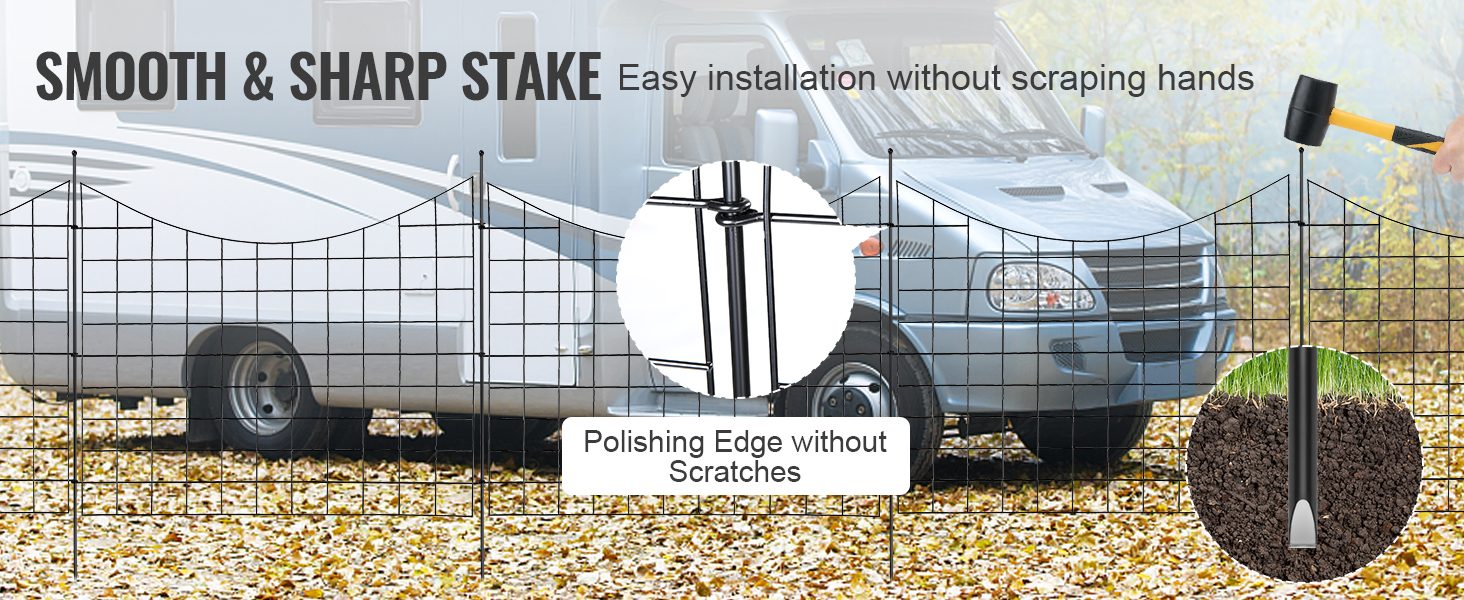 VEVOR garden fence with smooth and sharp stakes for easy installation, shown near an rv.