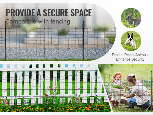 VEVOR garden fence securing plants and animals, showcasing white picket and modern metal fencing.