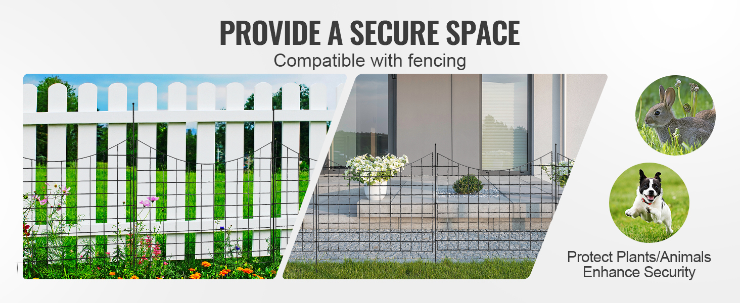 VEVOR garden fence securing plants and animals, showcasing white picket and modern metal fencing.