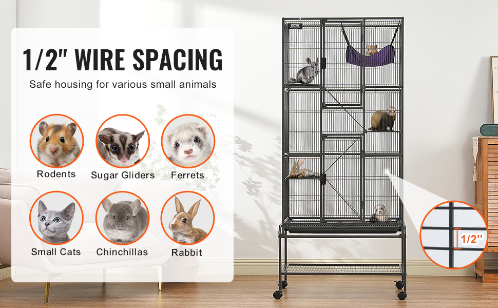 VEVOR ferret cage with 1/2" wire spacing, housing small animals like rodents, sugar gliders, and rabbits.
