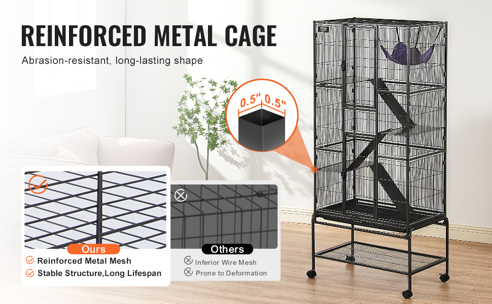 reinforced, abrasion-resistant VEVOR ferret cage with stable structure and 0.5" wire mesh for long lifespan.