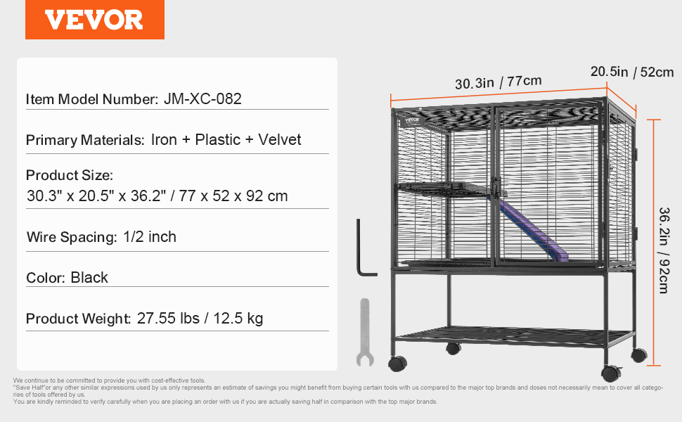 VEVOR ferret cage, iron frame, 30.3" x 20.5" x 36.2", black color, 27.55 lbs, 1/2 inch wire spacing.