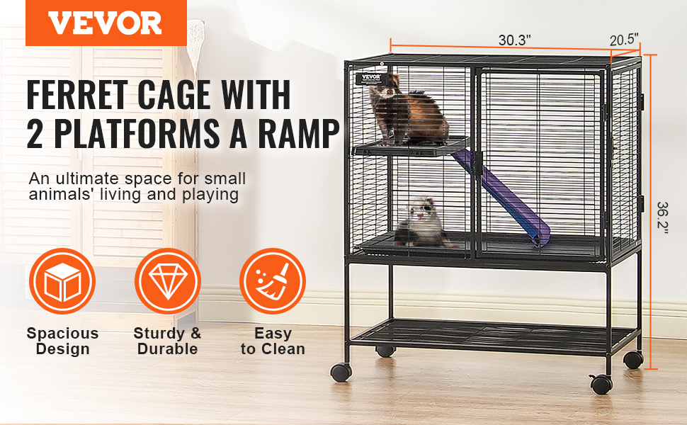 VEVOR ferret cage with platforms and ramp, ideal for small animals; spacious, durable, and easy to clean.