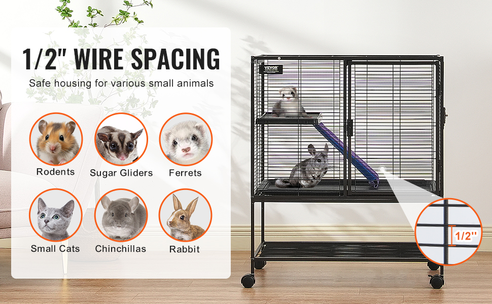 VEVOR ferret cage, 1/2" wire spacing, safe for rodents, sugar gliders, small cats, chinchillas, rabbits.