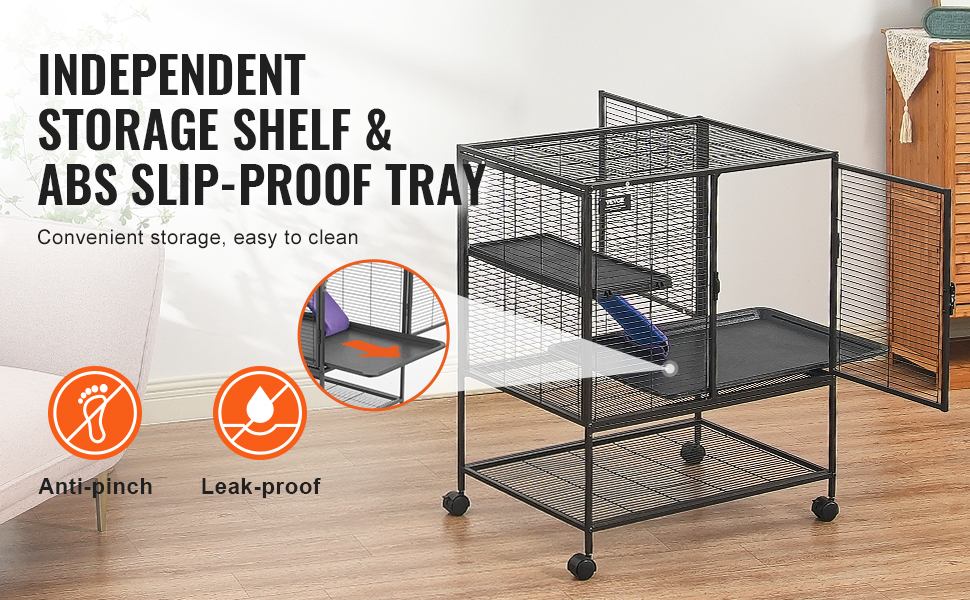 VEVOR ferret cage with storage shelf, abs slip-proof tray, anti-pinch feature, and leak-proof design.