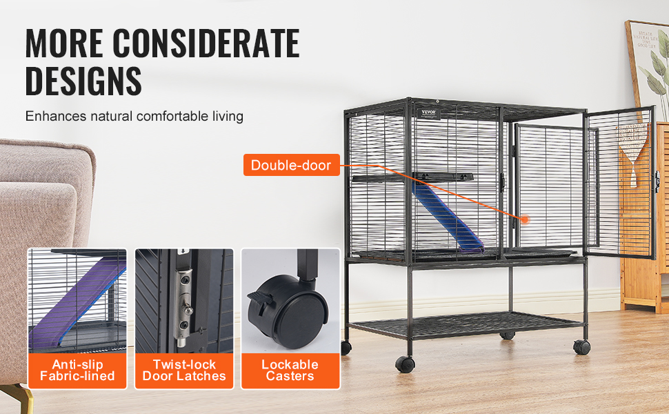 VEVOR ferret cage with double-door, anti-slip ramp, twist-lock latches, and lockable casters in a cozy room.