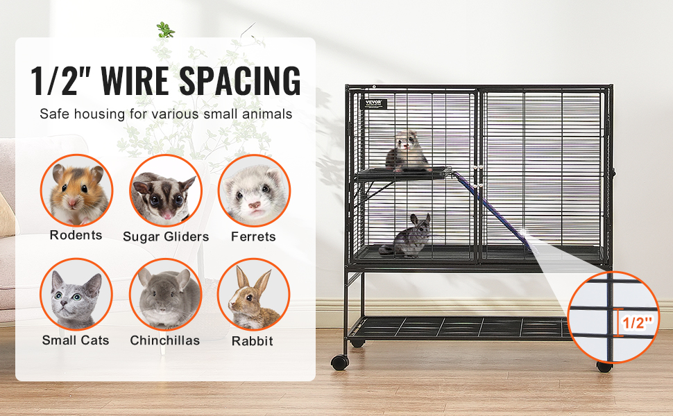 VEVOR ferret cage with 1/2" wire spacing, housing for rodents, sugar gliders, small cats, and rabbits.