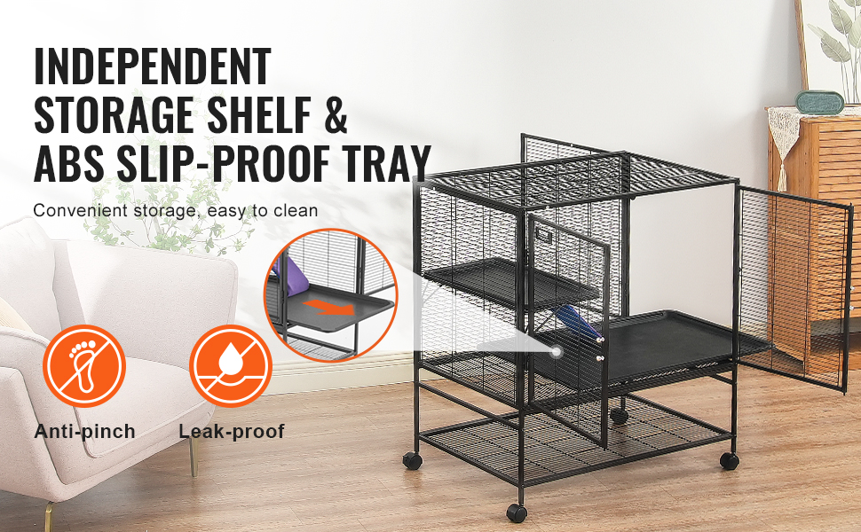 VEVOR ferret cage with independent storage shelf, abs slip-proof tray, anti-pinch, and leak-proof features.