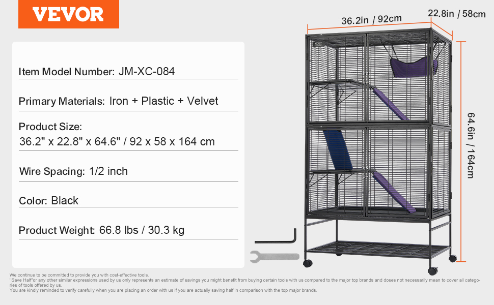 VEVOR ferret cage with multiple levels, ramps, and a hammock. dimensions: 36.2"x22.8"x64.6", black color.