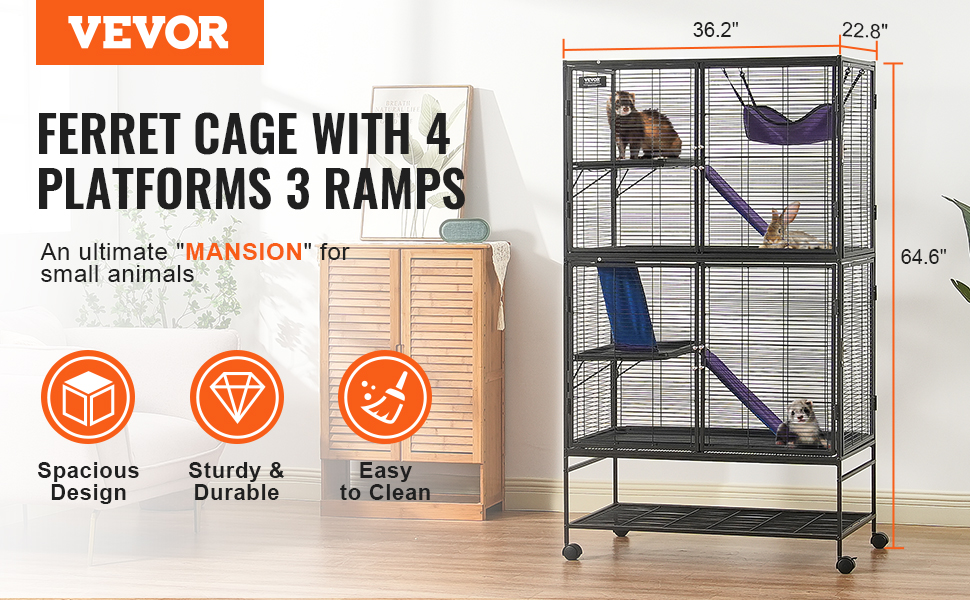 VEVOR ferret cage with 4 platforms, 3 ramps, dimensions labeled; titled as mansion for small animals.
