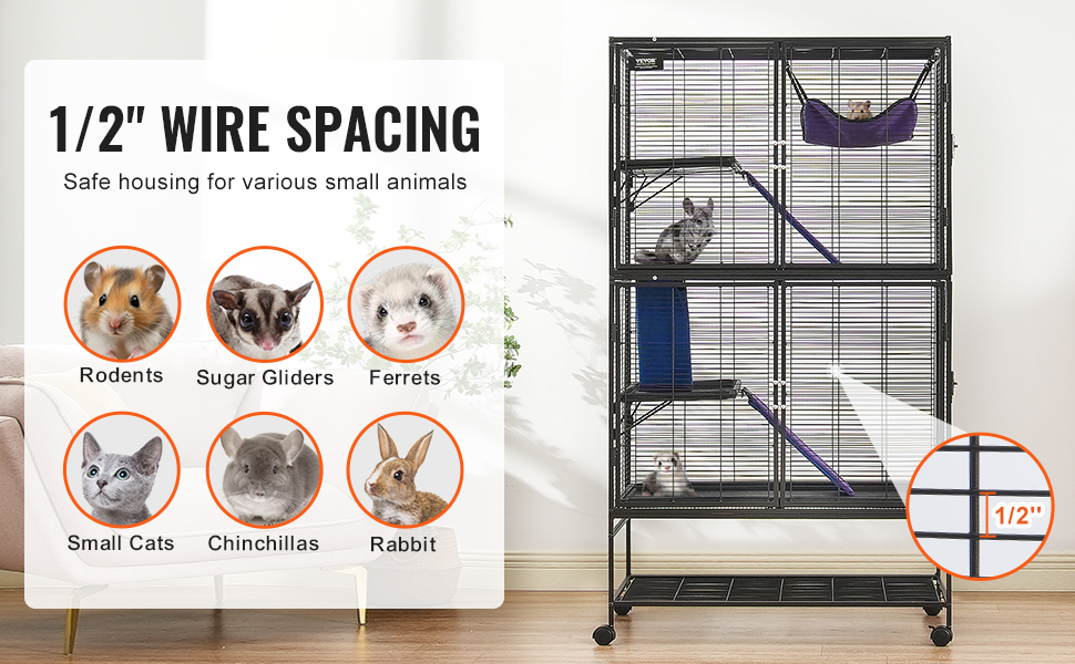VEVOR ferret cage with 1/2" wire spacing, suitable for rodents, sugar gliders, small cats, chinchillas, and rabbits.