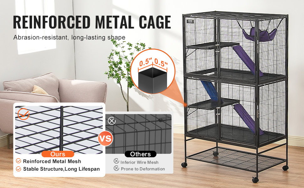 reinforced VEVOR ferret cage with metal mesh, stable structure, ramps, and hammocks in a living room.