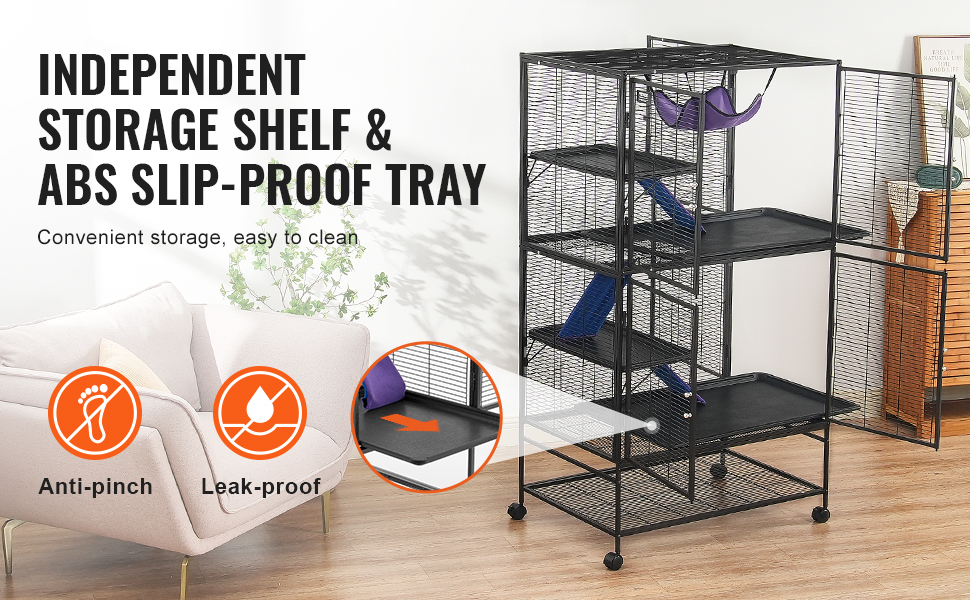 VEVOR ferret cage with independent storage shelf, abs slip-proof tray, anti-pinch door, and leak-proof design.