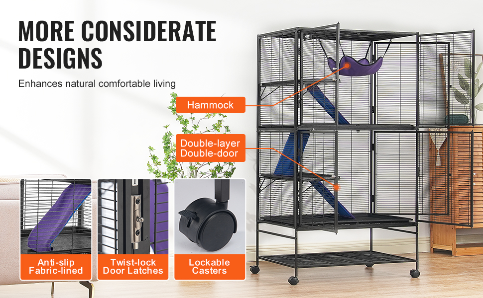 VEVOR ferret cage with hammock, double-layer double-door, anti-slip ramps, twist-lock latches, and casters.