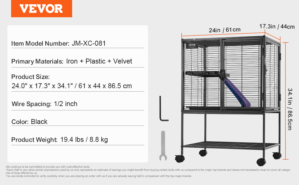 VEVOR ferret cage with iron, plastic, velvet, 24"x17.3"x34.1", black, 1/2" wire spacing, 19.4 lbs.