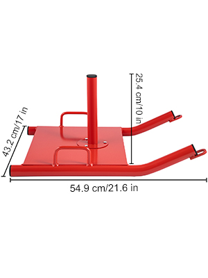red VEVOR weight sled with dimensions: 54.9 cm x 43.2 cm x 25.4 cm.