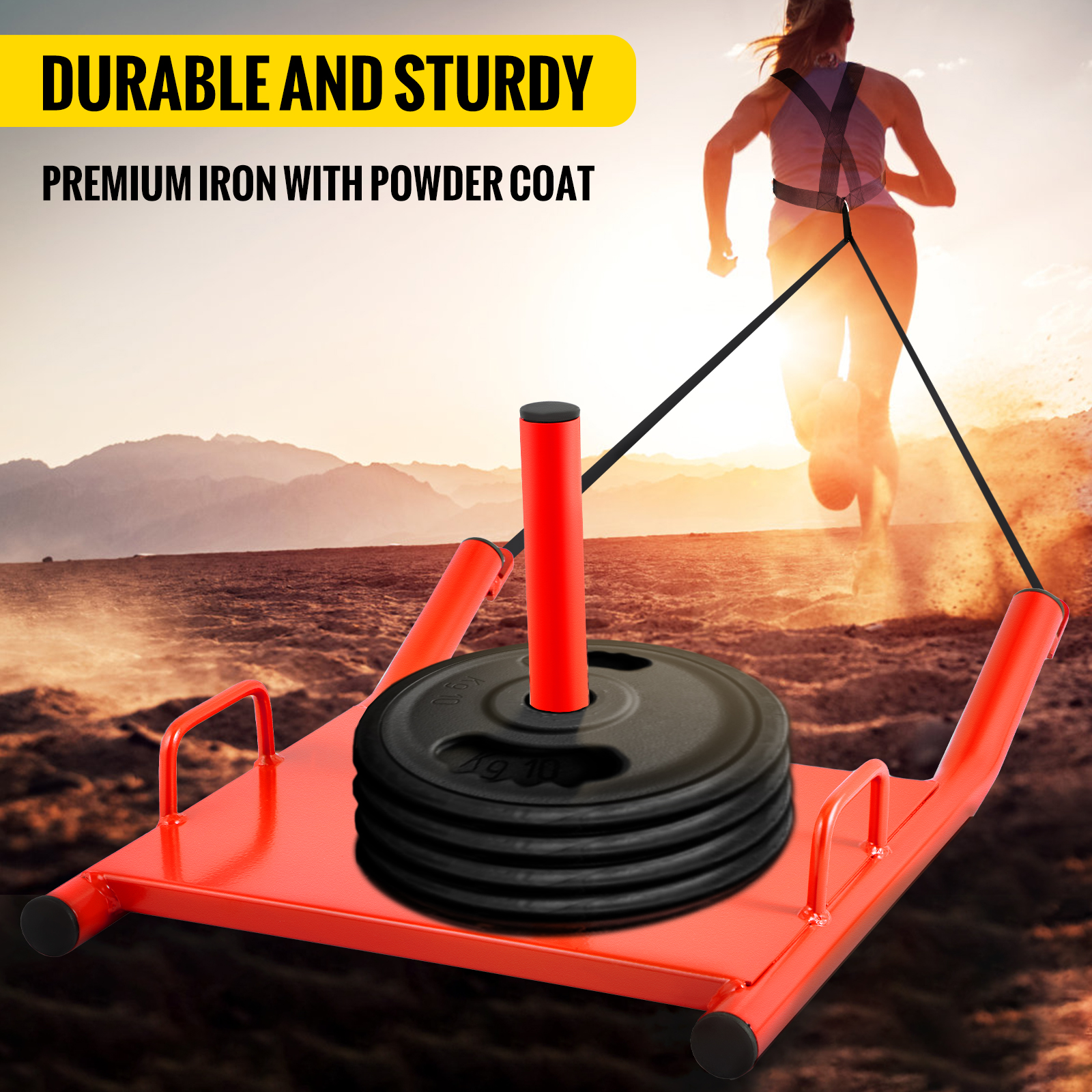 VEVOR weight sled with weights and harness, sunrise backdrop. durable and sturdy.