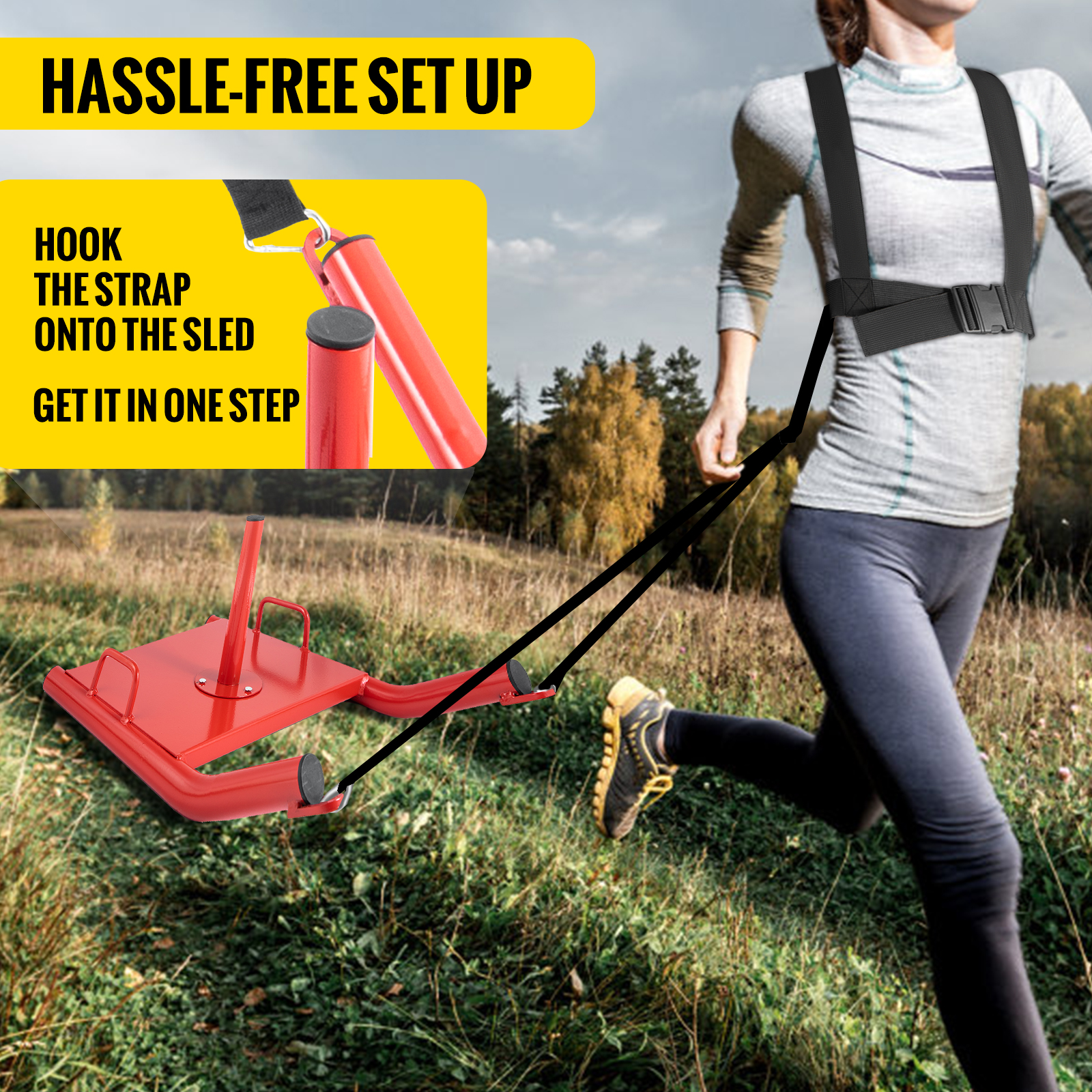 runner pulling the VEVOR weight sled on a grassy field with hassle-free setup instructions.