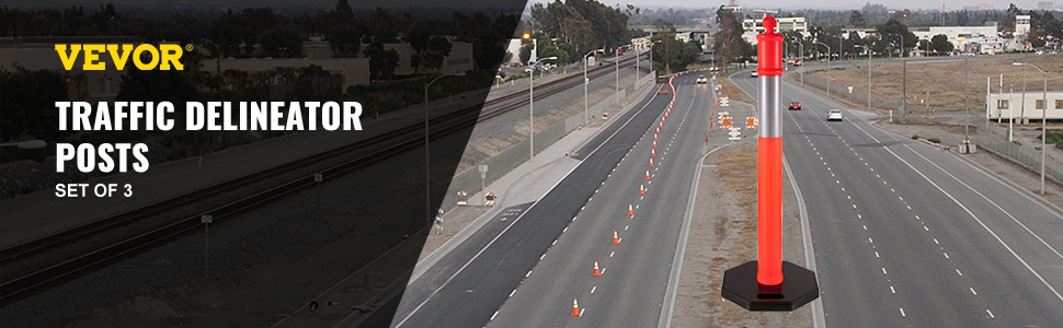VEVOR traffic delineator posts on a highway, set of 3 for road safety.