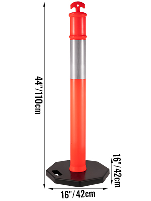 VEVOR traffic delineator posts in red with measurements: 44" high, 16" base diameter.